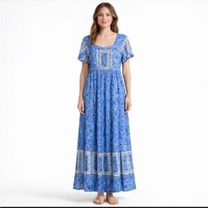 Rusttydustty Maxi Dress Boho Peasant Blue Floral